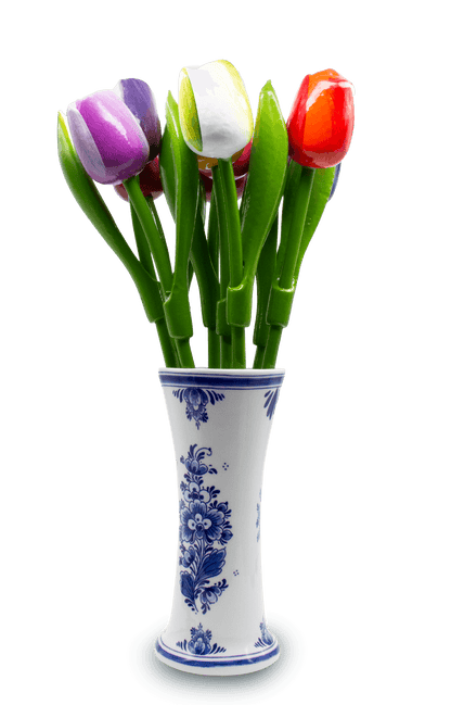 Wooden Tulips in Delft Vase