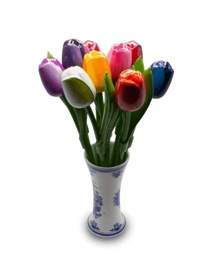 Wooden Tulips in Delft Vase